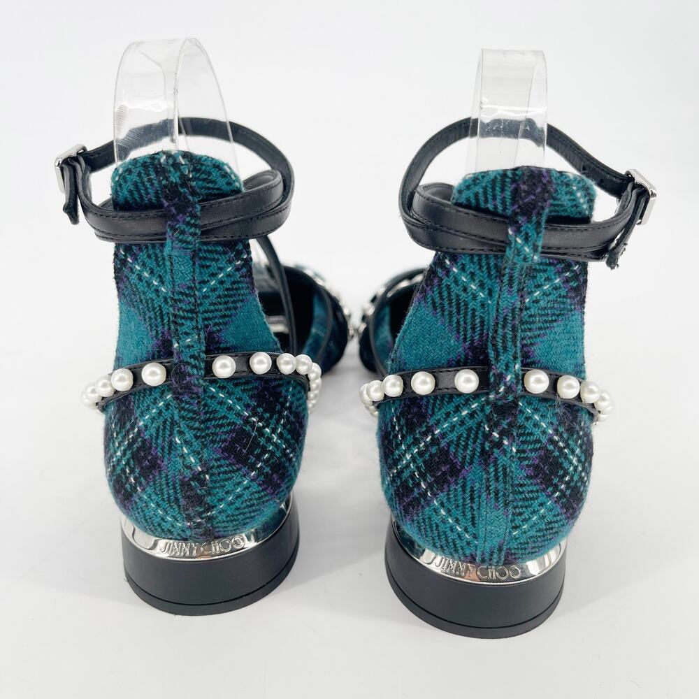 Jimmy Choo Celestia 25 Peacock Tartan Pearl Studded Mary Jane Flats IT 37.5 - Picture 8 of 13